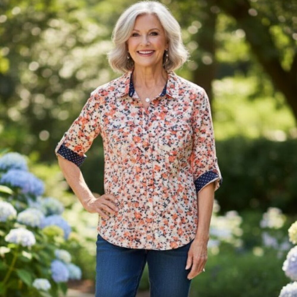 Christopher & Banks Floral Coral & Navy & White w/Roll-Tab Sleeves - M